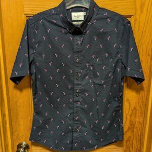 Men's Short Sleeve Button Down Shirt - Navy Flamingo Print